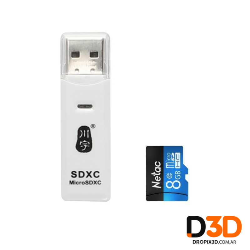 Kit Lector de Tarjeta de Memoria + MicroSDHC Netac 8GB Clase 10 Simil Creality